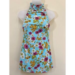 Corky Craig California Tunic Top Womens XS Blue Floral 70's Vintage Mod